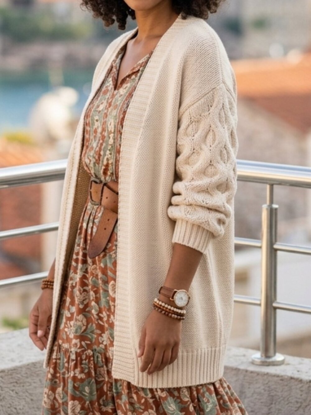 Cloth‎ Cream Oversized Cable Knit Sleeve Open Front Cardigan Size XS
